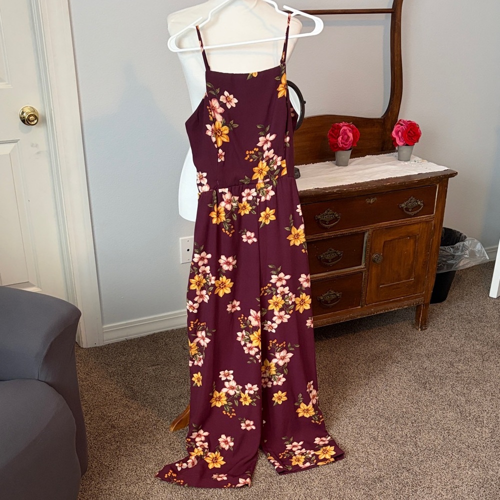 Xhilaration Burgundy Floral Jumpsuit with Yellow & Pink Flowers